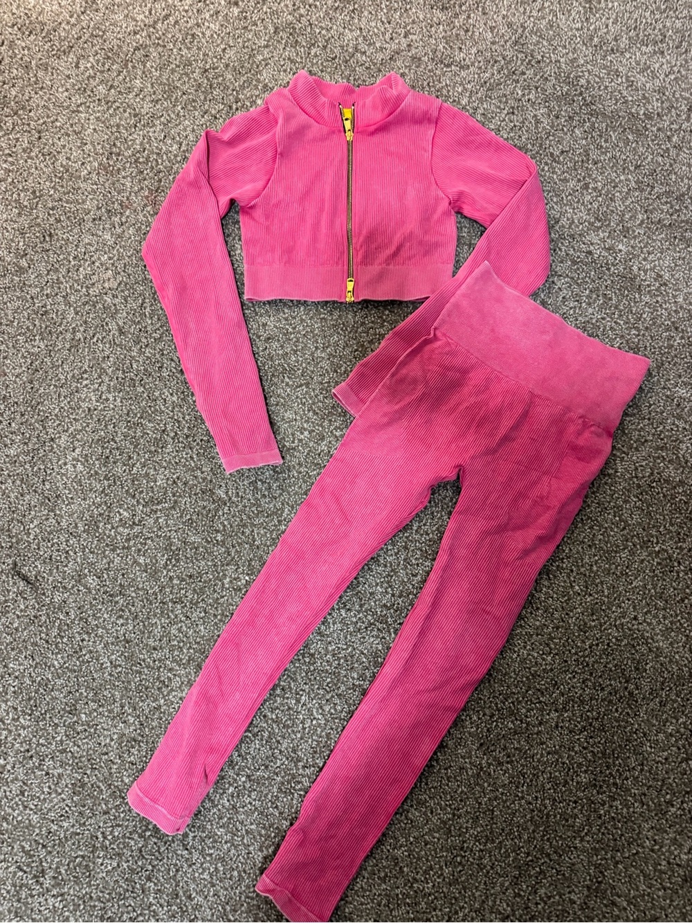 Pink Ribbed Leggings Set - Zip Crop Jacket and High-Waist Bottoms
